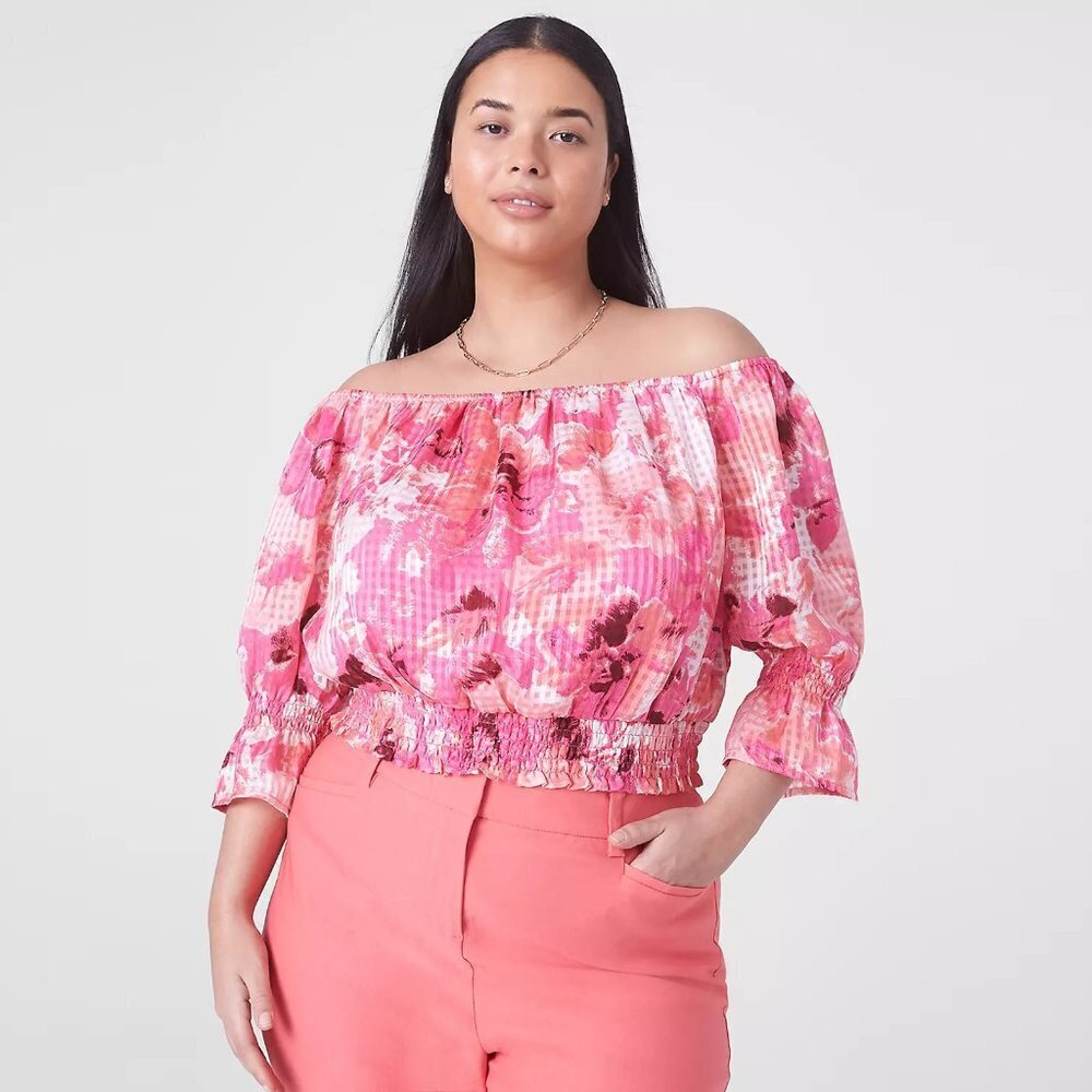 NWT New Lane Bryant Pink Classic Crop Off-The-Shoulder Chiffon Top Size 22/24